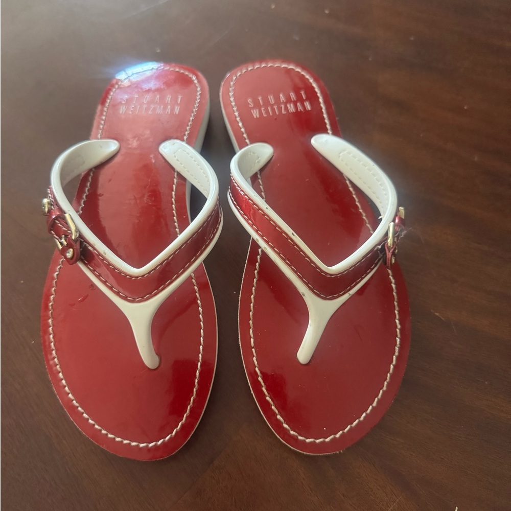 Stuart Weitzman Red and White Flip Flops